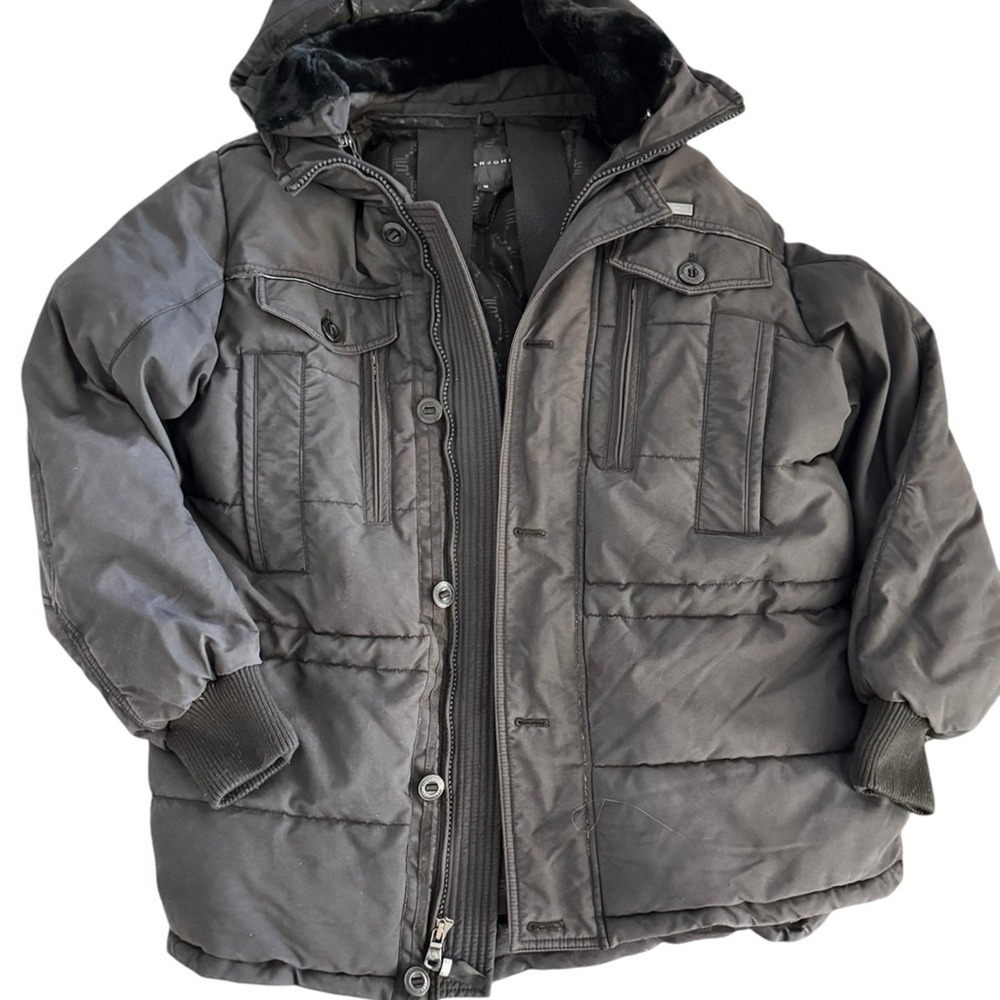 Sean John Mens Black Quilted Puffer Parka Jacket Faux Fur Hood Med SJ1001